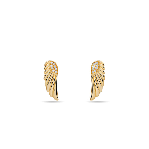 These magical and enchanting diamond earring studs are made of 14 karat gold with a handset diamond pavé. Inspired by the wings of a goddess, its glowing gold and diamonds will brighten your day. 