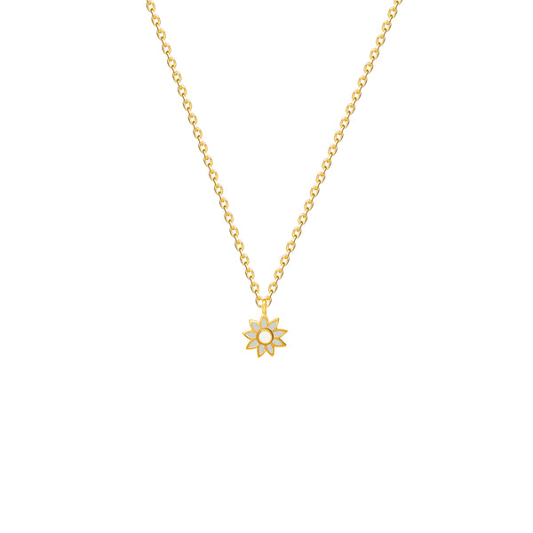 Our 14 karat gold flower necklace for girls features enamel hand painting in blue and white. Team it with the matching flower stud earring. 