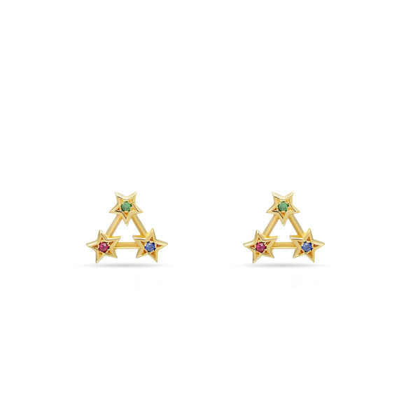 14 karat gold earrings with handset gemstones. Our Rainbow Star Stud Earrings are inspired by warm nights of star gazing. The emerald, sapphire and ruby stones add a playful glow to your eargame.