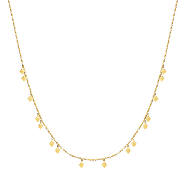 This delicate and playful 14 karat gold necklace features dangling tribal gold charms. Its simple style mixes and matches easily with other jewels and is the perfect accessory for a layering look.