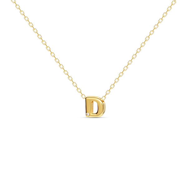 A 18 karat gold vermeil necklace with your initial letter "D". This diamond letter necklace is a special jewelry necklace that can be worn day and night. A genuine diamond stone in the corner of the letter makes this gold diamond necklace a luxury and ideal gift for yourself, your best friend or loved one. 