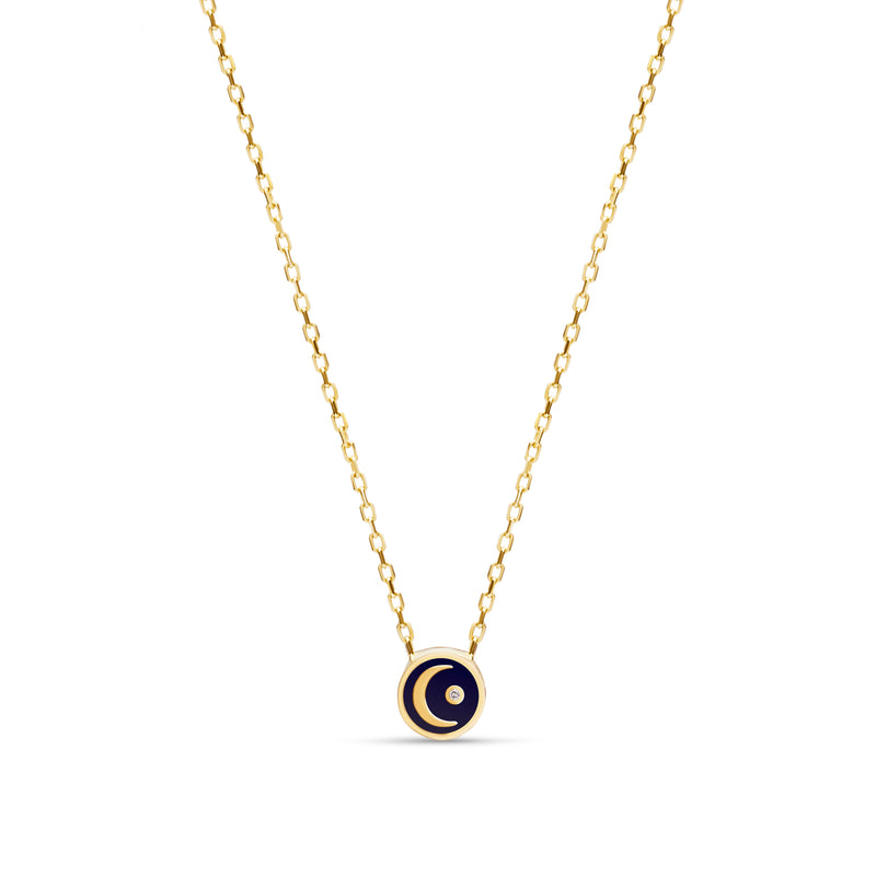 Enamel Moon Diamond Necklace - 14 karat gold, diamond 0.02ct, handpainted Enamel