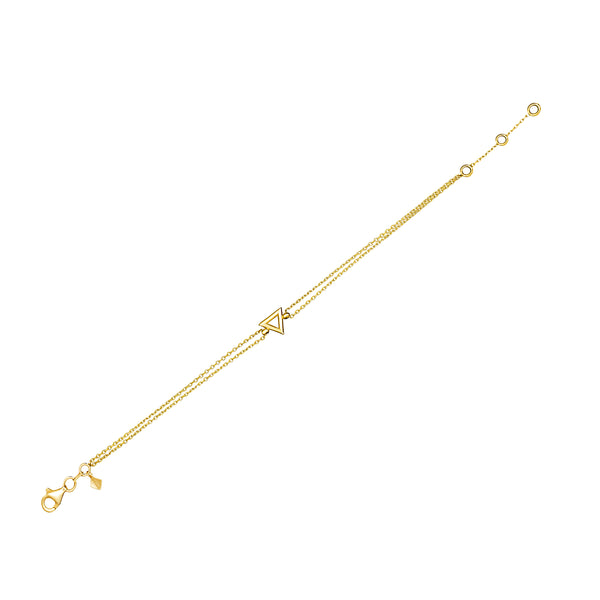 This handmade 14 karat gold bracelet is the ultimate gold accessory.  The bracelet features a double chain and a geometrical design, a pure gold triangle. Wear this bracelet on its own or team with our Triangle Necklace and Triangle Ring.