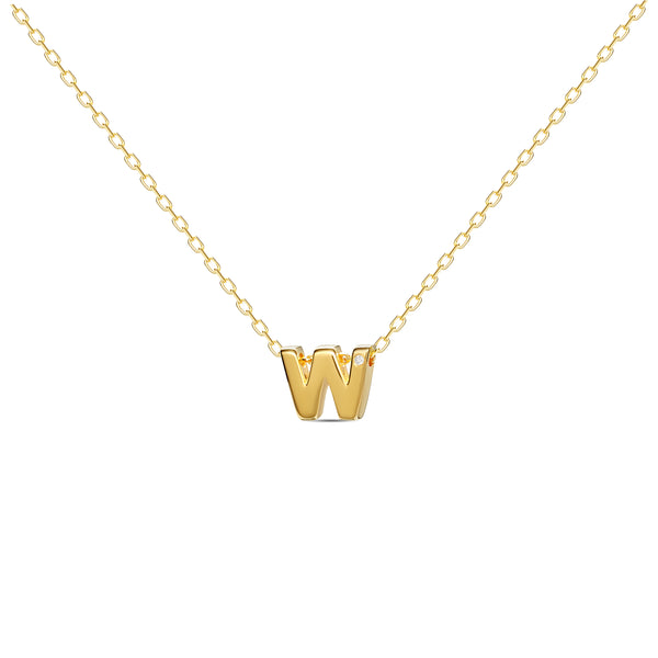 A 18 karat gold vermeil necklace with your initial letter "W". This diamond letter necklace is a special gold necklace that can be worn day and night. A genuine diamond stone in the corner of the letter makes this gold diamond necklace a luxury and ideal gift for yourself, your best friend or loved one. 